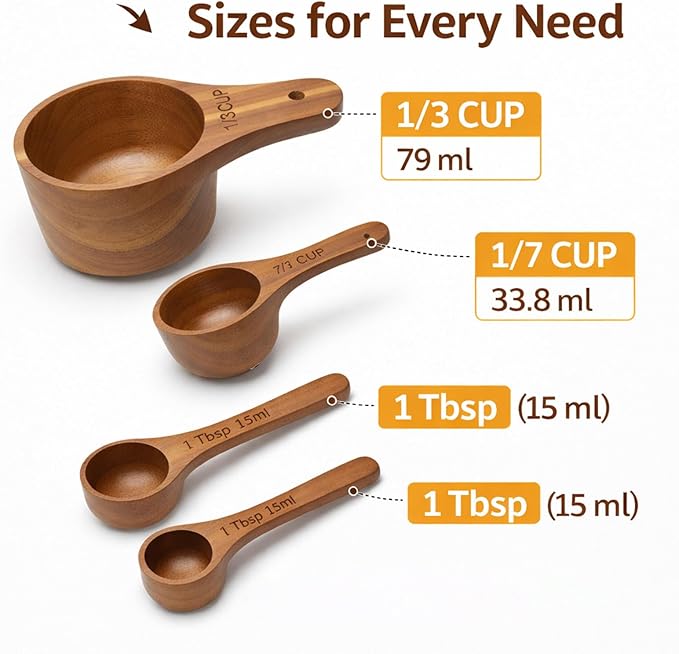 Wooden Measuring Cups and Spoons Set - Eco-Friendly Solid Acacia Wood, Laser Engraved Measurements, Perfect for Baking & Cooking - Ideal for Bakers (4-Pc Small Acacia Measuring Cups)