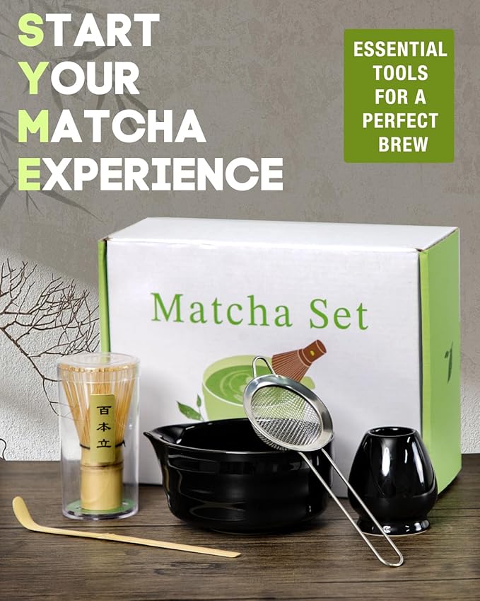 Black Matcha Whisk Set - 5PCS Matcha Set Includes 17OZ Chawan with Spout, Bamboo Chasen Whisk with Ceramic Holder, Wooden Scoop and Stainless Sifter, Matcha Kit for Ceremony, Gift for Matcha Lovers