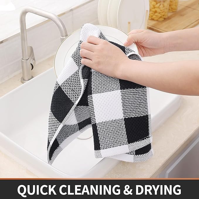 Homaxy Kitchen Towels and Dishcloths Set, 12 x 12 and 13 x 28 Inches, Set of 12 100% Cotton Waffle Weave Check Plaid Kitchen Dish Towels, Super Soft and Absorbent Dish Cloths, White & Black