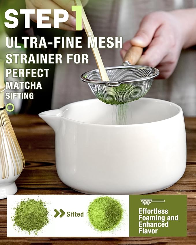 20OZ Matcha Whisk Set - 5PCS Matcha Kit Includes Ceramic Bowl with Spout, Bamboo Whisk with Holder, Bamboo Scoop and Sifter, Matcha Set for Ceremony, Gift for Matcha Lovers (White)