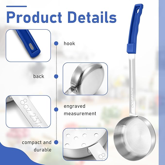 Teenyyou 8 Pcs Portion Control Serving Spoons Portion Scoops Cups Solid and Slotted Stainless Steel Ladle Spoon for Food, Serving Utensils Set for Parties (Dark Blue,8 oz)