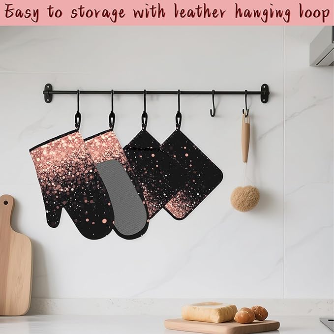 Rose Gold Glitter Silicone Oven Mitts and Pot Holders,Heat-Resistant 4 Piece Kitchen Set Non-Slip Oven Gloves and Hot Pads for Cooking, Baking, Grilling,BBQ