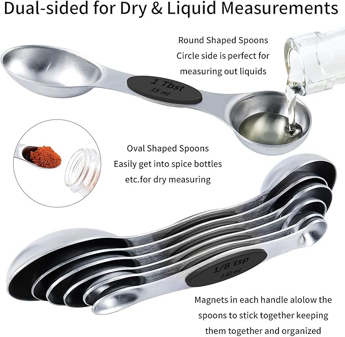 TILUCK magnetic measuring spoons set and measuring cups, stainless steel measuring cups, 6 double-sided stainless steel measuring spoons & 1 leveler (13)