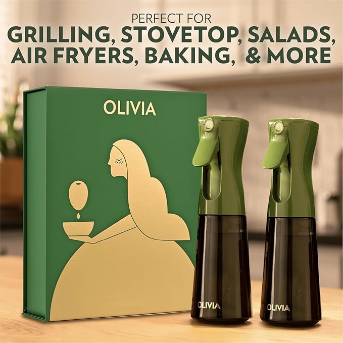 FLAIROSOL OLIVIA Signature Oil Sprayer for Cooking, 2 Pack Green Glass Olive Oil Sprayer, 200ML Oil Dispenser for Kitchen, Continuous Oil Spray Bottle with Portion Control for Air Fryer, Salad, BBQ