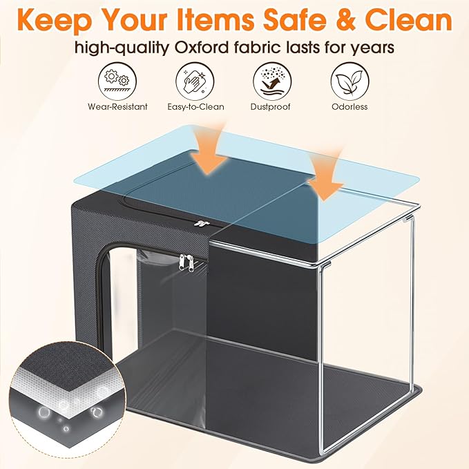 4 Pack Clothes Storage Bins with Metal Frame, 40L Foldable Fabric Storage Boxes with Clear Window, Front & Top Zipper Openings, Stackable Organizer Bins with Handles for Closet & Bedroom (Light Grey)