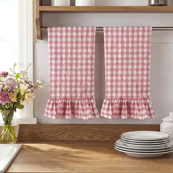HunnmingRe Pink Kitchen Towels Set of 2, 100% Cotton Ruffled Gingham Dish Towels 18"x28" Absorbent Tea Cloths Classic Plaid Pattern for Farmhouse Charm, Drying Dishes, Entertaining Guests