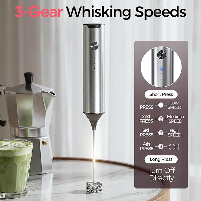 YARRAMATE Rechargeable Milk Frother Wand Handheld, 3 Speed Adjustable Electric Drink Mixer with 2 Whisks, Stainless Steel Stirrer for Coffee, Lattes, Protein Shakes, Matcha, Egg