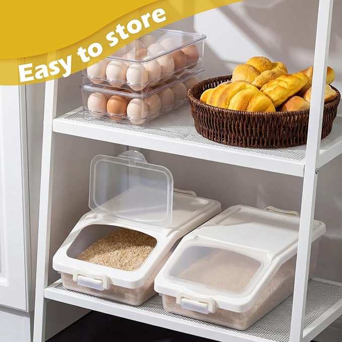 Blushtier 3 Pcs Rice Storage Container 11 lb Airtight Flour Container with Wheels Measuring Cup Clear Pet Food Dog Cat Birds Food Bin Grain Cereal Organizer Box for Dry Baking Supplies (White)