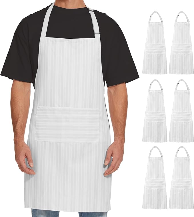 Will Well Kitchen Apron for Men and Women - 33" x 27" Oil-and-Water-Resistant with Adjustable Neck Strap and 38" Waist Ties for a Snug Fit, Lightweight with 2 Front Pockets - 6-Pack, White Stripe
