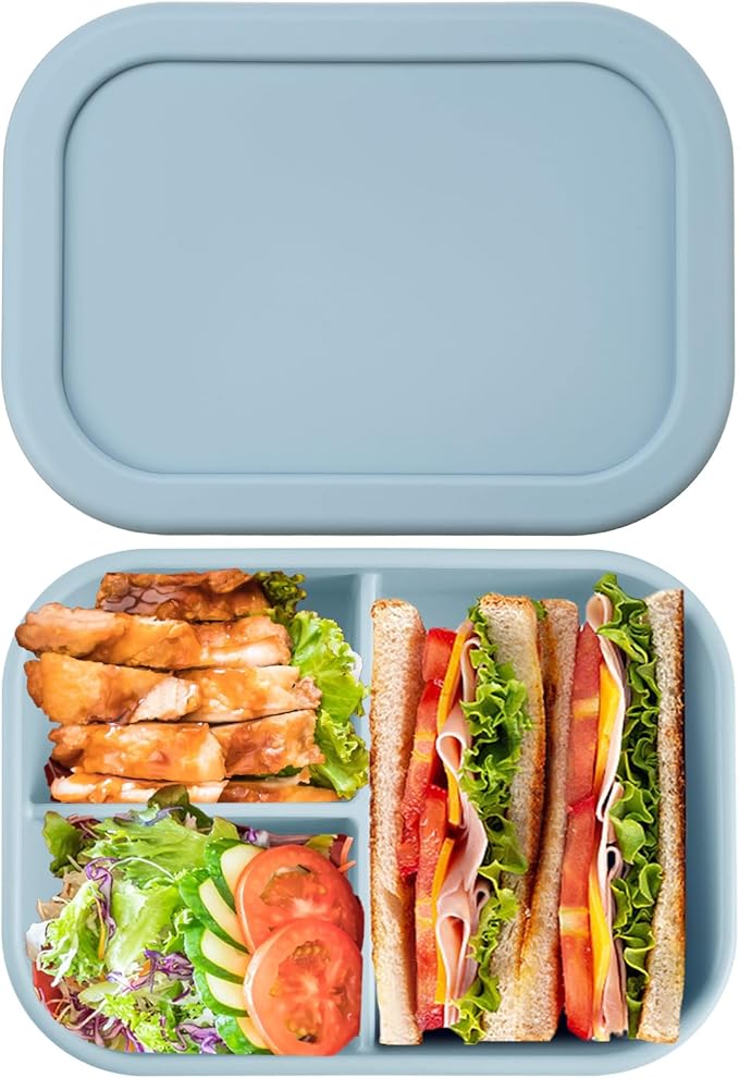 Layhit 1 Pcs Silicone Bento Box for Adults, 27 oz Bento Lunch Container Reusable 3 Compartment Lunchable Food Container for Women Men, Leak Proof Microwave Dishwasher Freezer Safe (Gray Blue)
