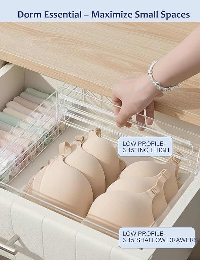 Clear Drawer Dividers with Non-Slip Adhesive, 5 Pack Adjustable Drawer Dividers for Clothes & Makeup, 3.15" Deep Plastic Drawer Separators for Dresser, Baby Nursery & Bathroom Cabinet