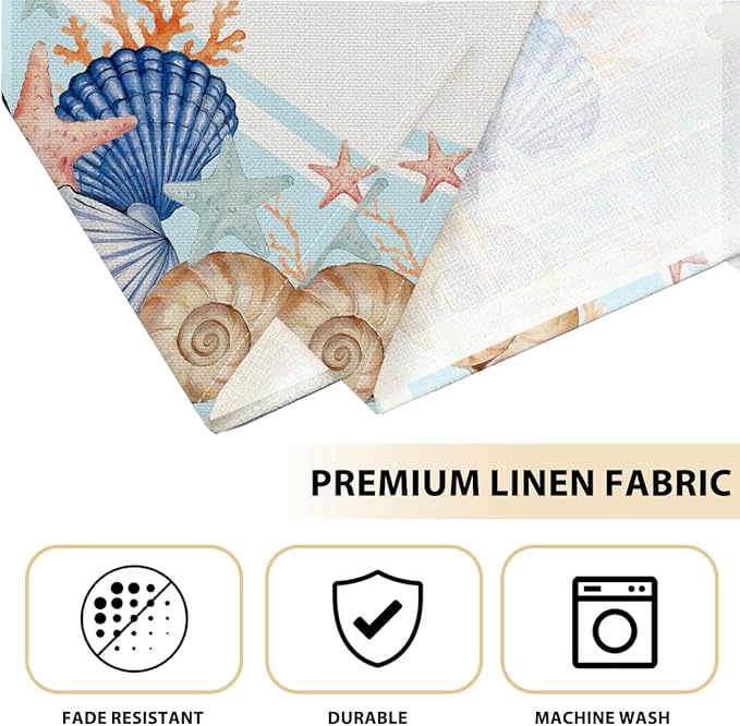 Sea Shell Starfish Beach Placemats Set of 4, 12x18 Inch Seasonal Spring Summer Ocean Coastal Washable Linen Nautical Table Mats for Indoor Outdoor Party Kitchen Dining Decoration, Shell Place Mats