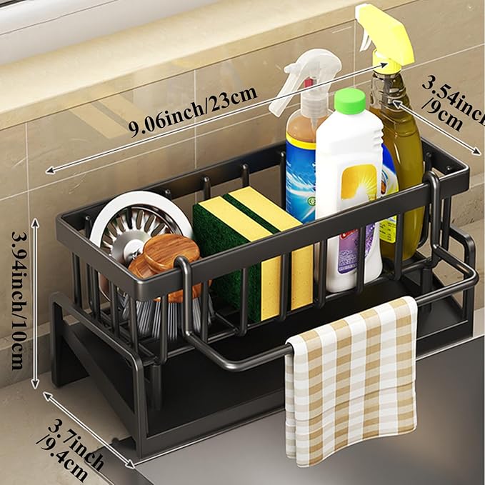 Sponge Holder for Kitchen Sink with Rag Holder, Kitchen Countertop Organizers and Storage Essentials, Rustproof Carbon Steel, Soap Dispenser Organize (Black)