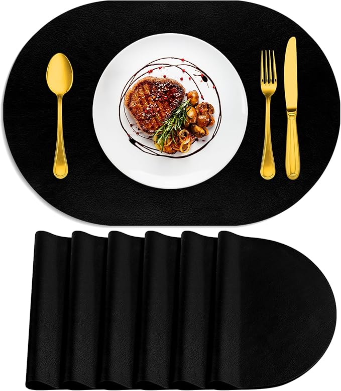 ADRIMER Placemats, Heat Resistant Oval Placemats Set of 6 Washable 12 x 17 Inch, Waterproof Table Mats, Wipeable Pu Place Mats for Kitchen, Dining Room, Black
