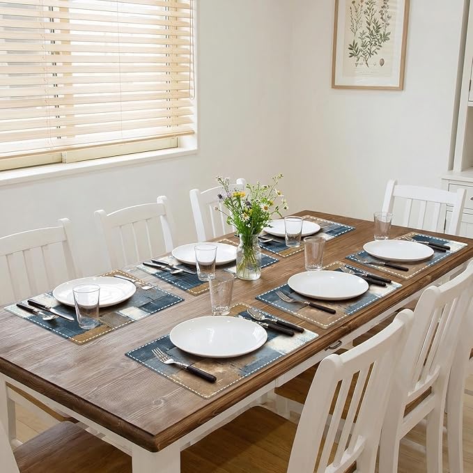 Emvency Farmhouse Placemats Set of 6, Abstract Modern Geometric Blue Brown 12x18 Inch Linen Rectangular Place Table Mats for Indoors & Outdoor Home Party Kitchen Dining Decoration