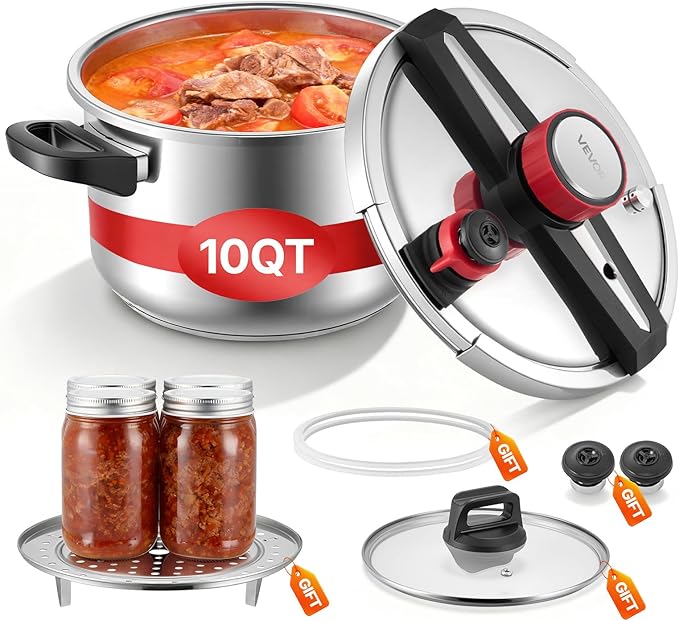 VEVOR Pressure Cooker, 10Qt Pressure Cooker Stainless Steel, Pressures Canner with Steaming Rack, Tempered Glass Lid, Three Pressures Settings for Meat, Beans, Rice, Soup, Sauces, Cook up to 100 kPa