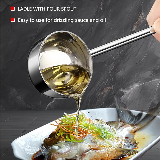 Small Soup Ladle SUS304 Stainless Steel Metal Deep Spoon With Pour Spout 2 oz Long Handle Gravy Ladles Heat-Resistant for Kitchen Cooking Serving Soups and Drizzle Sauces 2 Pack Set (10.5 inch)
