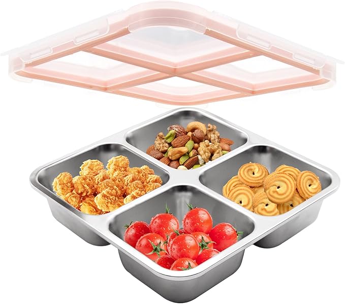 Stainless Steel Bento Lunch Box, 4 Compartment Snack Containers, Divided Meal Prep Lunch Containers, Food Storage Containers For Work and Travel