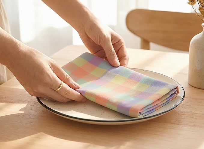 PurpleEssences Buffalo Plaid Cloth Napkins - Mitered Corners - Spring Easter Summer - Gingham Check Dinner Napkin - Set of 12-100% Cotton - 18x18 Inch - Reusable Washable - Multicolor