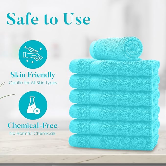 DAN RIVER 12-Pack Premium 100% Cotton Aqua Face Towels for Bathroom - Reusable Face Wash Cloths for Showering 12x12 Inches - 550 GSM Super Soft & Absorbent Luxury WashCloths for Body, Spa & Gym