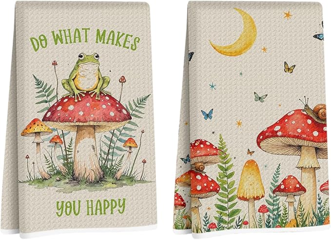 2 Pcs Mushroom Kitchen Towels, Butterfly Soft Absorbent Tea Hand Towel, Microfiber Dish Cloths for Drying Dishes, Waffle Dish Towels for Kitchen Bathroom Home Decor, Frog Gifts for Women Mom