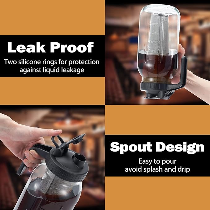 Cold Brew Mason Coffee Maker - 64oz Iced Coffee Pitcher with Stainless Steel Mixing Spoon & Super Dense Filter 3 Steps Finish Cold Brew Coffee, Classic BPA Free Sturdy Mason jar Pitcher Easy to Clean
