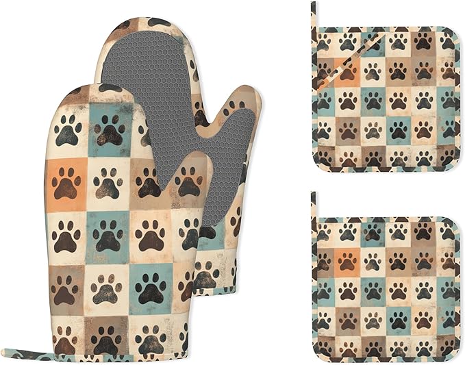 Cute Paw Print Heat-Resistant Silicone Oven Mitts and Pot Holder 4 Piece Set,Vintage Non-Slip Kitchen Oven Gloves for Baking, BBQ, Cooking,Grilling