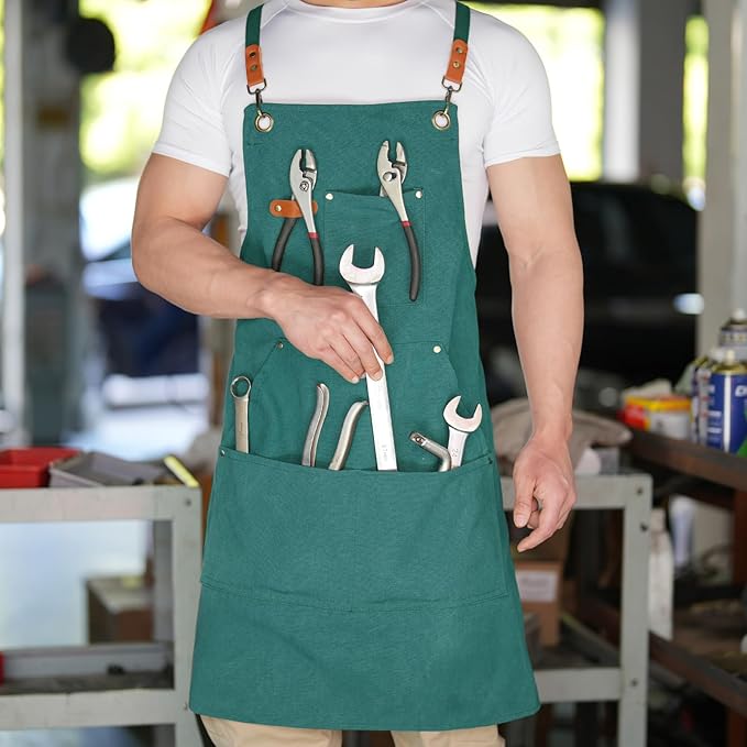 Aoomzoon Canvas Aprons for Men Chef Apron, Work Apron with Large Pockets - 16oz Heavy Duty Cross Back, BBQ, Cooking