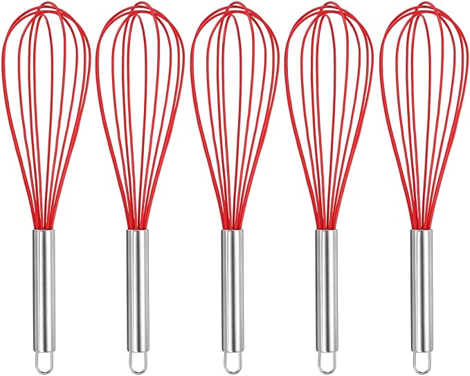 HARFINGTON 5Pcs Silicone Whisk 12" Kitchen Whisk Wire Whisks Beater with Stainless Steel Handle for Egg Milk Whisking Blending Beating & Stirring, Red