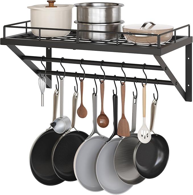 YATINEY Wall Mounted Pot Rack, 23.8 Inch Pot and Pan Organizer with 2 Tier Hanging Rails, 12 S-Hooks, Metal Pot Rack for Kitchen Cookware Organizer, Space Saving, for Kitchen Utensils, Black PR01BK