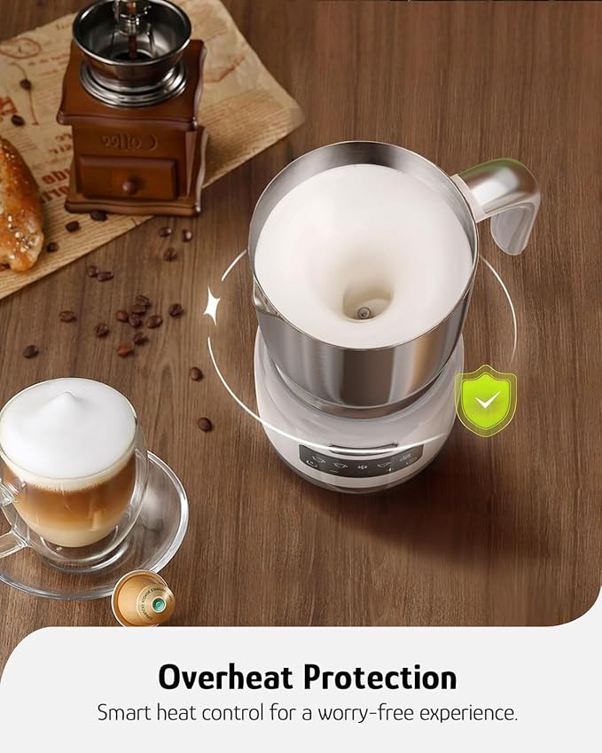 Hazel Quinn Milk Frother - Hot and Cold Detachable Milk Frother with Adjustable Temperature & Foam Thickness, Dishwasher Safe, for Latte/Cappuccino/Hot Chocolate, 400ML (13.5oz) - Pearl White