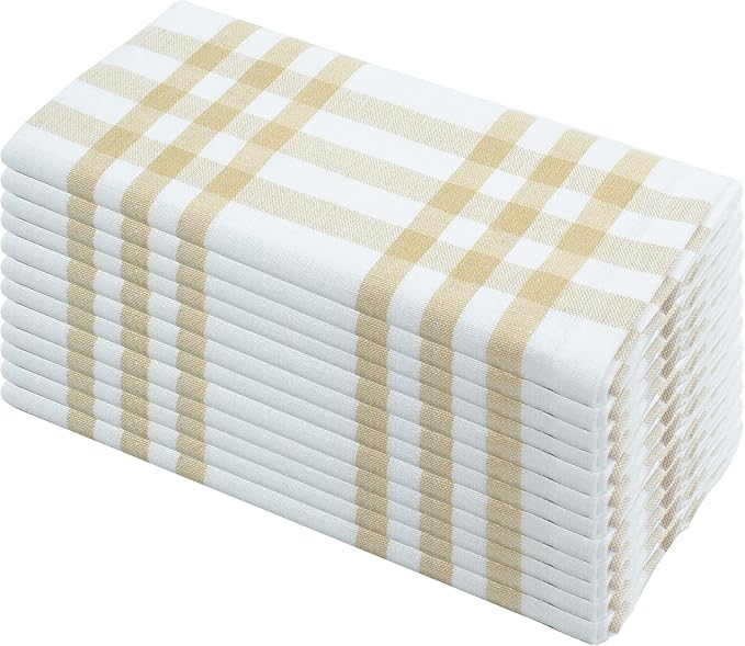 PurpleEssences Homestead Plaid Cloth Napkins - Mitered Corners - Spring Easter Summer - Check Dinner Napkin - Set of 12-100% Cotton - 18x18 Inch - Reusable Washable - Beige and White