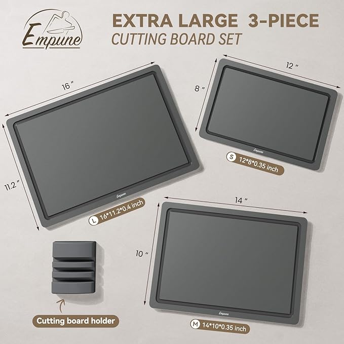 Empune Plastic Cutting Board Set, Recycled Plastic Cutting Boards for Kitchen (Set of 3), Dishwasher Safe Large Chopping Board with Holder, Non-slip Feet and Juice Grooves, Nonporous, Grey