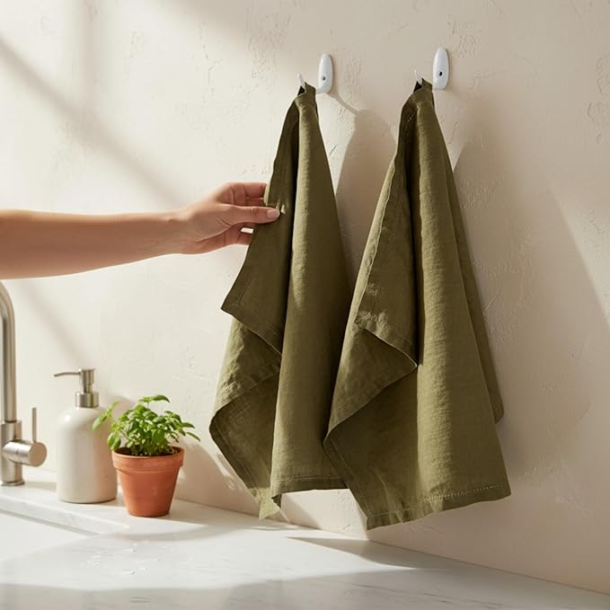 Linen Kitchen Dish Towels – 20” x 27” – 100% Pure Stonewashed Linen Hemstitch Hand Towel/Tea Towel - Set of 2 (Olive Green)