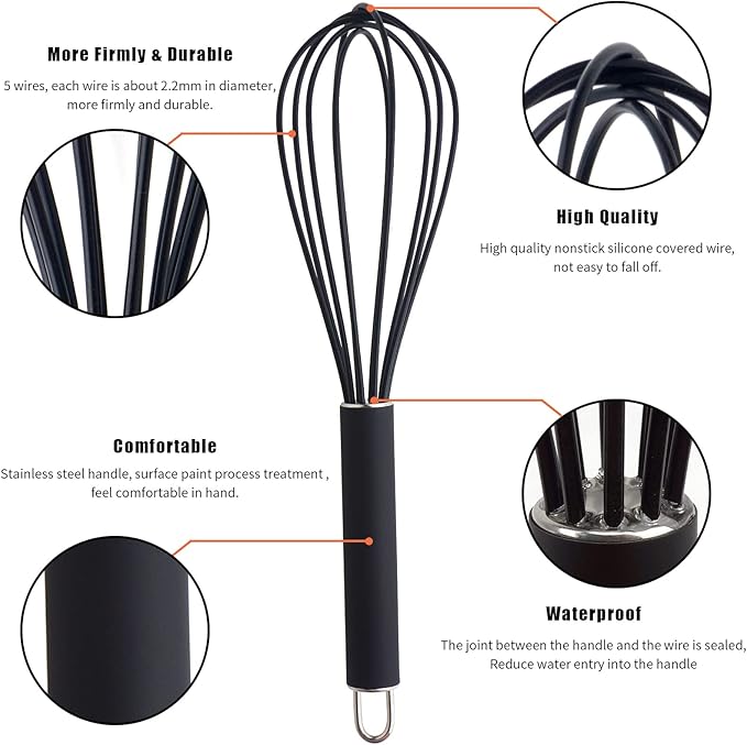 GorGin high temperature and easy to clean silicone whisk, stirrer, 10 inch, grip good grip design for Blending Whisking Beating Stirring Cooking Baking (1 Pack | black)