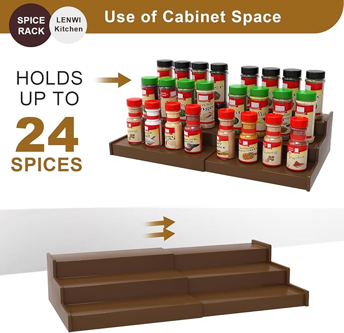 Lenwi Spice Rack Organizer for Cabinet 2 Pack, 3 Tier Expandable Bamboo Spice Storage for Kitchen Cupboard Pantry, Brown