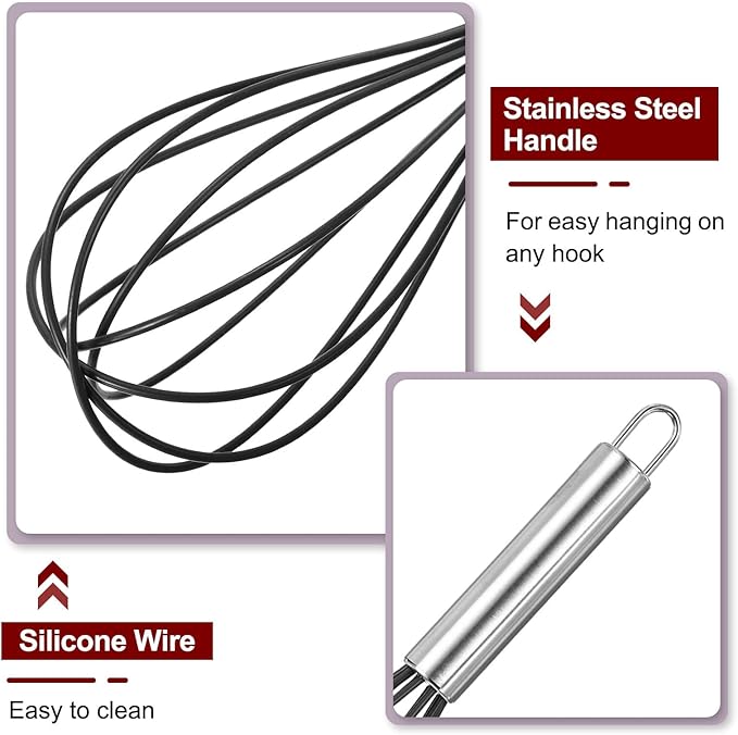 HARFINGTON 5Pcs Silicone Whisk 10" Kitchen Whisk Wire Whisks Beater with Stainless Steel Handle for Egg Milk Whisking Blending Beating & Stirring, Black