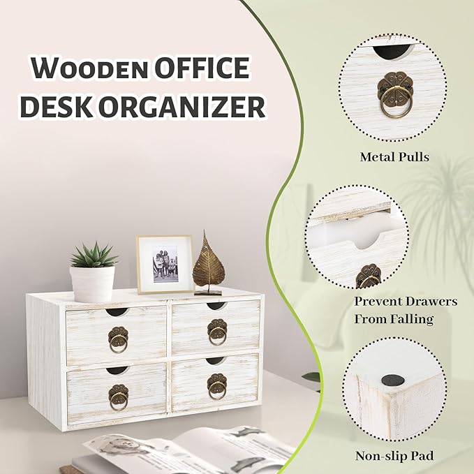 Wood Desk Organizer, White Wooden Desktop Organizer with Drawer, Tabletop Storage Organization Box for Countertop, Home Office Supplies Bills, 13.5x6.6x7.09 Inch(4 Drawer)