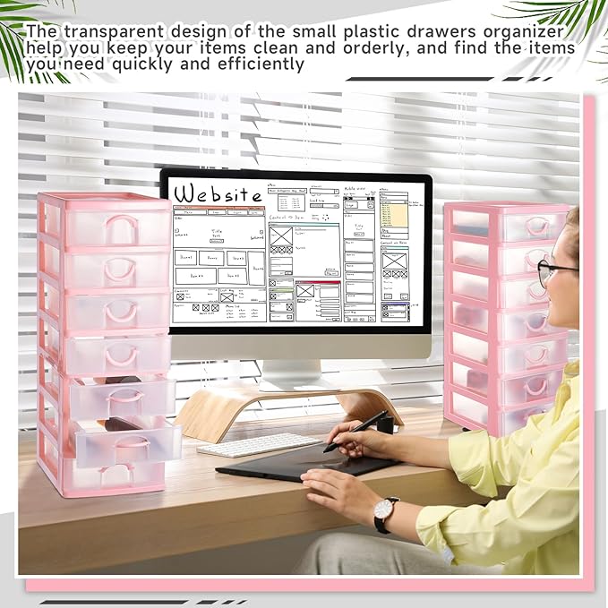Thyle 2 Pcs Plastic Drawers Organizer Mini Organizer Stackable Plastic Clear Drawer Storage Box Containers Storage Units for Desktop Classroom Craft 6.7 x 4.9 x 13.4 inches(Pink)