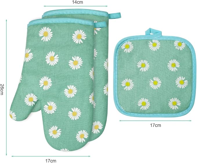 AUAUY Oven Mitts and Potholders, BBQ Gloves Heat Resistant, 1 Pair Oven Mitts and 2 Pot Holders, Cotton Non-Slip Cooking Gloves Home Essentials for Cooking Baking Kitchen Microwave Pizza (Daisy-Green)