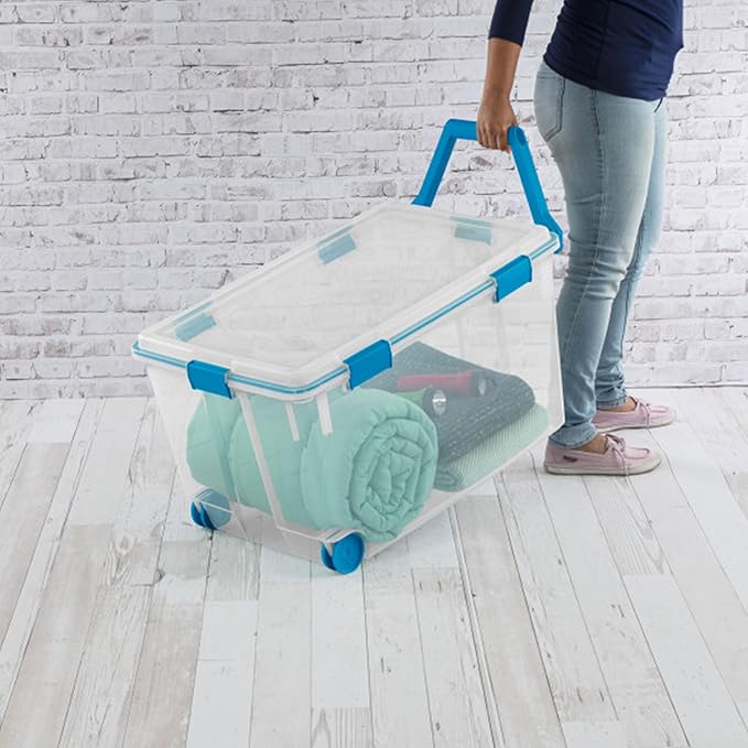 Sterilite 120 Qt Wheeled Gasket Box, Stackable Storage Bin with Latching Lid, Handle and Tight Seal, Plastic Container with Clear Base and Lid, 1-Pack