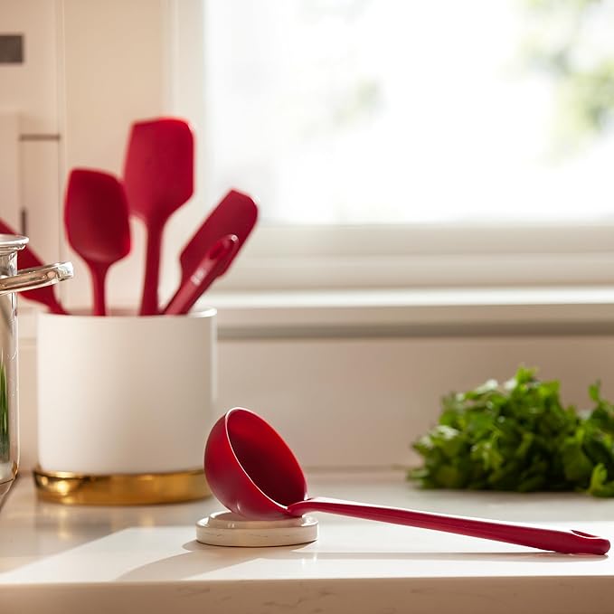 DI ORO Silicone Soup Spoon Heat-Resistant Large Kitchen Ladle Nonstick Cookware Safe - Wide Bowl Dishwasher Safe (Red)