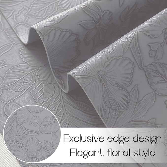 Romanstile Vinyl Placemats Set of 8-12 X 17 Inch - Heat Resistant Non-Slip Embossed Floral Place Mats 100% Waterproof Oilproof Wipeable Faux Leather Table Mats for Kitchen/Dining/Party, Grey