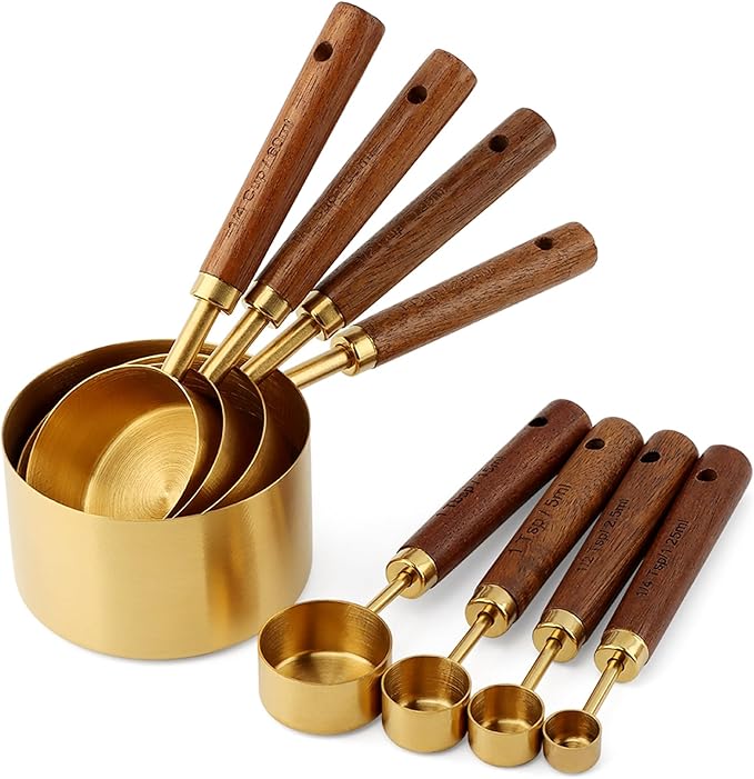 8Pcs Measuring Cups and Spoons Set, Stackable Measuring Cups with Wooden Handle, Stainless Steel Kitchen Measure Supplies Kit for Baking, Cooking(COLOR:gold+brown)