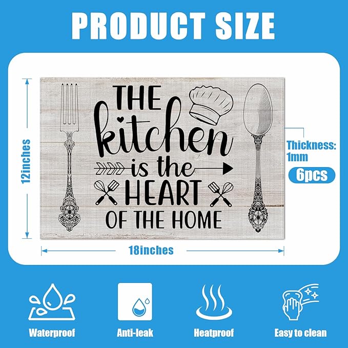 The Kitchen is The Heart of The Home Placemats Set of 6, Washable Linen Place Mat Heat Resistant Non Slip Kitchen Dining Table Mats 12x18 Inch
