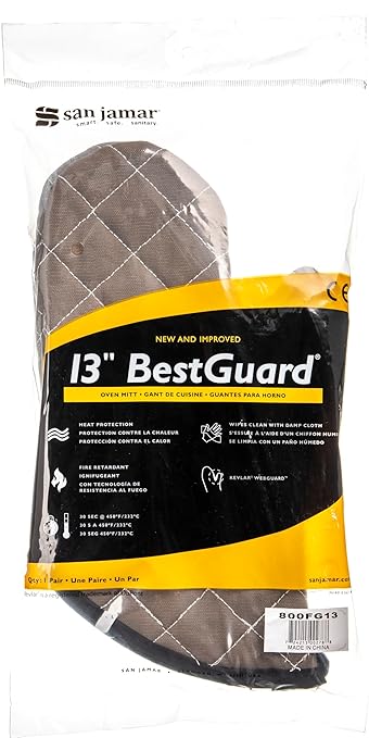 San Jamar 800FG13 BestGuard Commercial Heat Protection Up To 450° F Oven Mitts (Pair), 13" Length, Tan