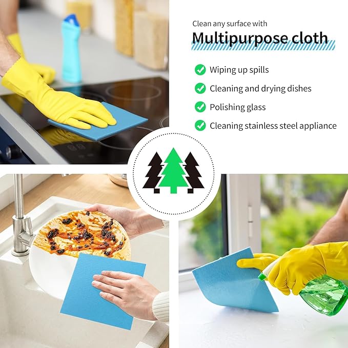 Swedish Dishcloths, 18 Pack Kitchen Towels Dish Rags, Absorbent Swedish Dish Towels for Kitchen, Non-Scratch Cellulose Sponge Cloths, Biodegradable Washable Reusable Paper Towels, Blue