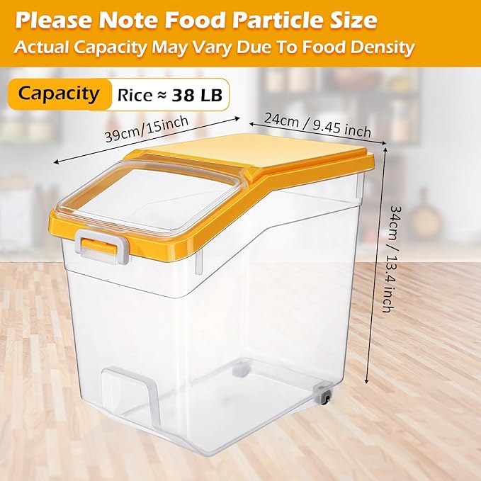 Sunnyray 4 Pcs Rice Storage Container 38 lb Flour Container with Wheels Measuring Cup Clear Pet Food Bin Dog Bird Cat Food Bin Grain Cereal Organizer Box for Dry Baking Supplies(Yellow Lid)