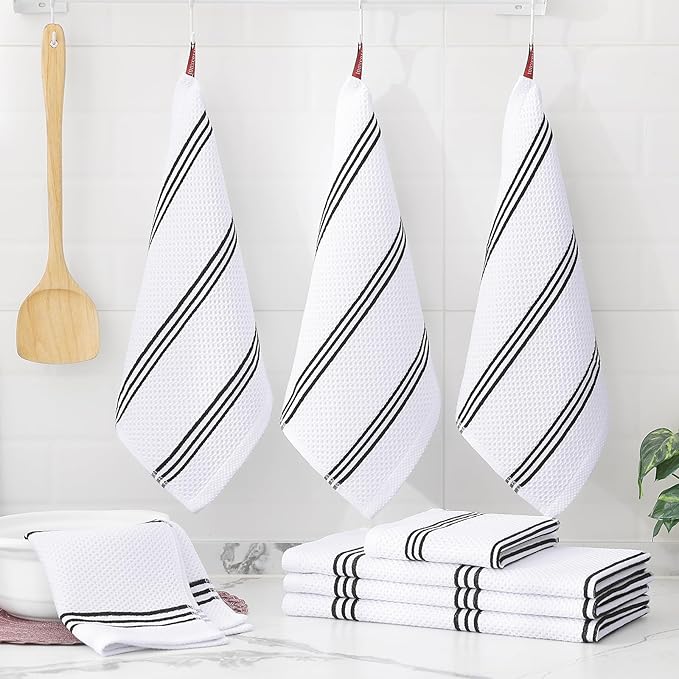 Homaxy Kitchen Towels and Dishcloths Set, 12 x 12 and 13 x 28 Inches, Set of 8 Premium Cotton Waffle Weave Kitchen Towels, Super Soft and Absorbent Dish Cloths, White & Black Stripes