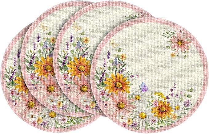 Artoid Mode Pink Sunflowers Butterfly Round Spring Placemats Set of 4, 14 Inch Summer Round Table Mats for Dining Decoration